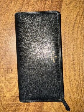 kate spade Black Pebbled Zip-Around Wallet with Gold Logo